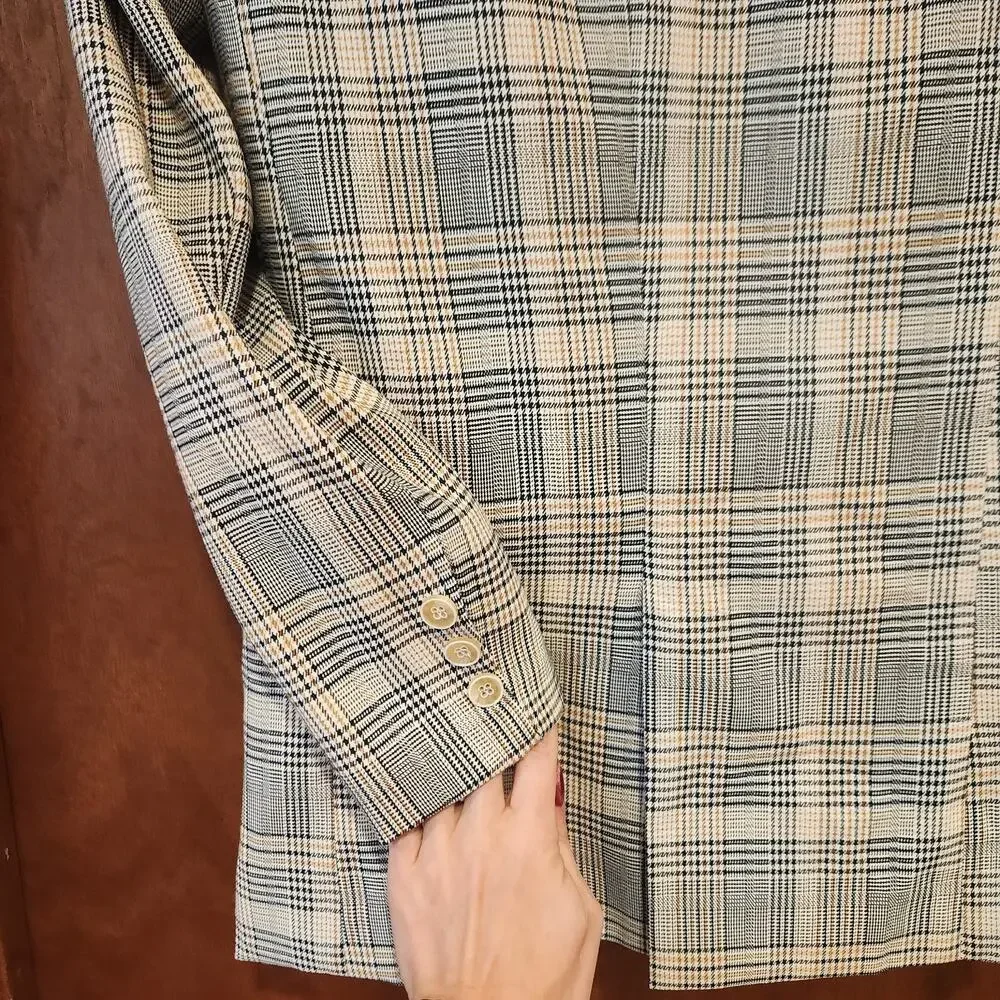 EUC IVIVI Plaid‎ Double Breasted Long Blazer Ivory, Navy, Brown Sz S